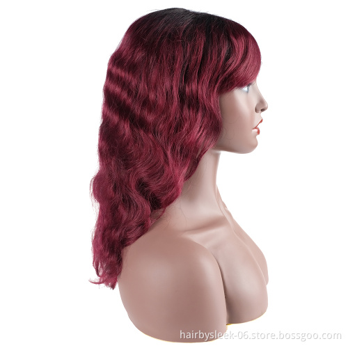 18 inches Wine Red Body Wave Wig With Bangs Brazilian Remy Human Hair Full Machine Made 100% Human Hair Wigs  for black woman